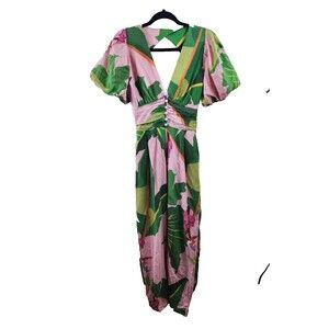 Farm Rio Women S Pink Green Floral Short Sleeve Open Back Tropicalistic Jumpsuit